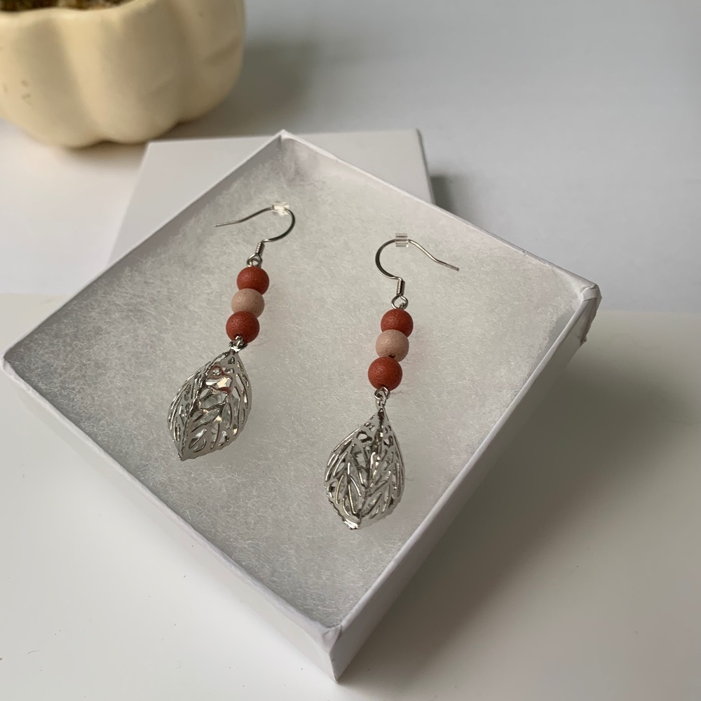 Dangle Leaf Earrings Boho Autumn Jewelry Beaded Rustic Earthy Handmade Boho Fall